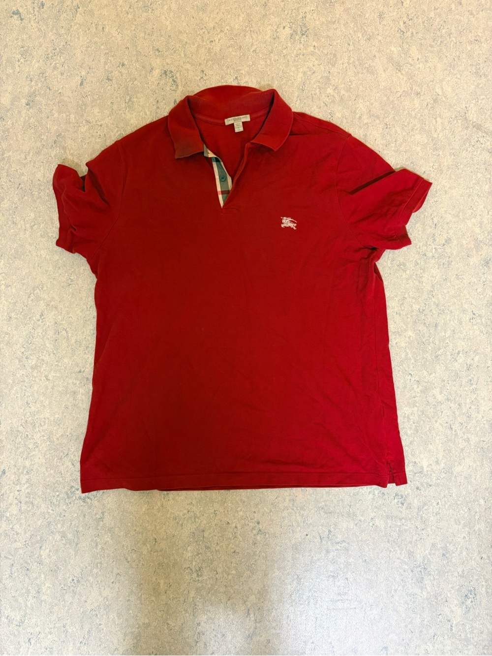 Burberry Brit Men’s XL Red Polo Shirt Nova Check Plaid Equestrian Knight Logo.
